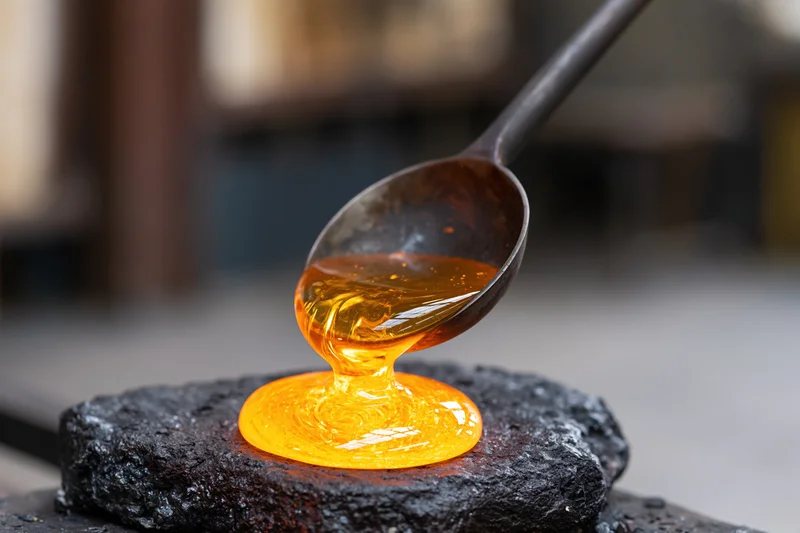 Molten glass pouring from a metal ladle onto a dark rock surface