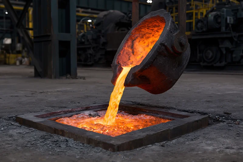 Molten metal being poured from a tilted ladle into a mold in an industrial foundry