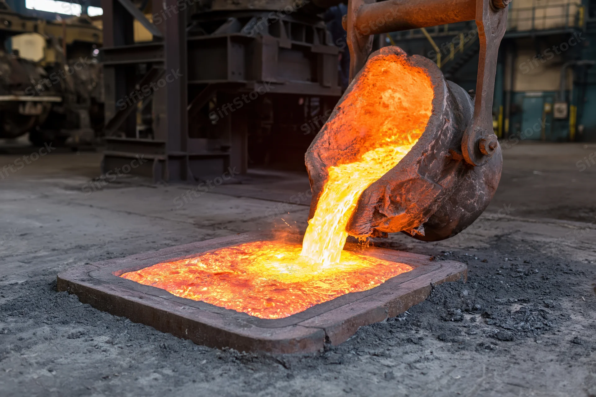 Molten metal being poured from a ladle into a sand mold in a foundry