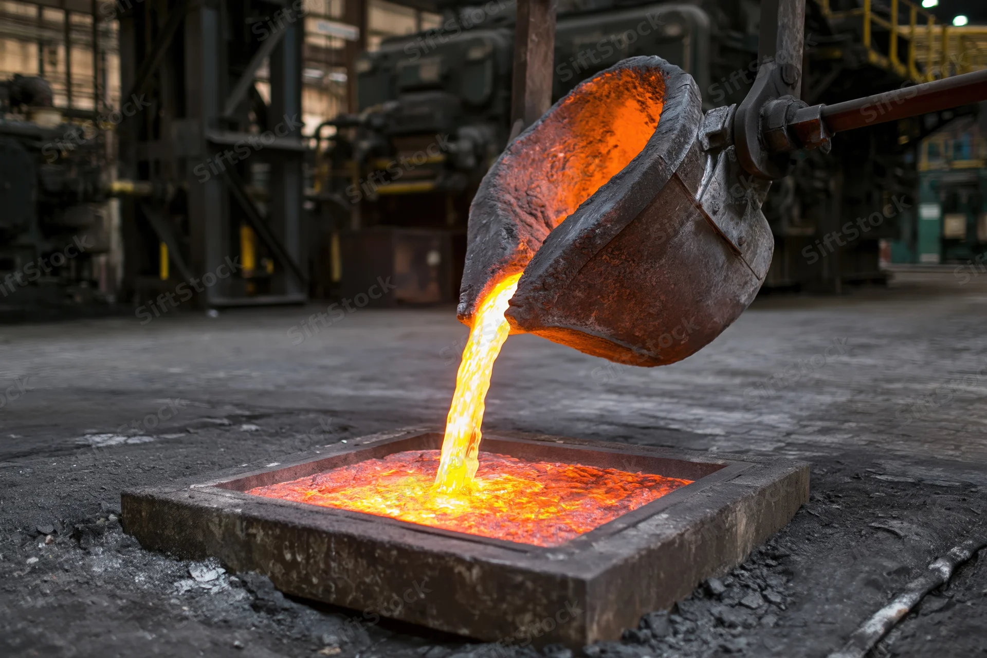 Molten metal being poured from a ladle into a mold in a factory setting