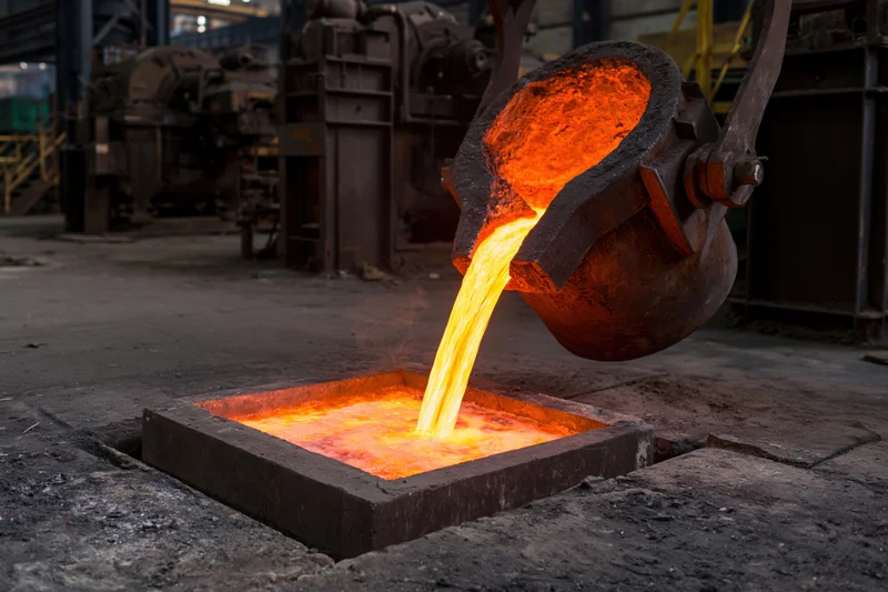 Molten metal being poured from a ladle into a mold in a foundry workshop