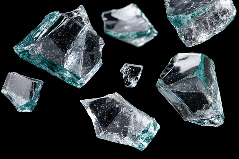 Broken glass shards scattered against a pure black background