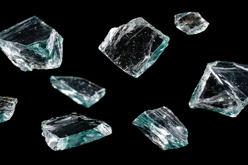 Broken glass shards scattered against a pure black background