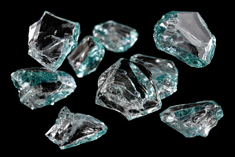 Broken glass shards scattered against a pure black background