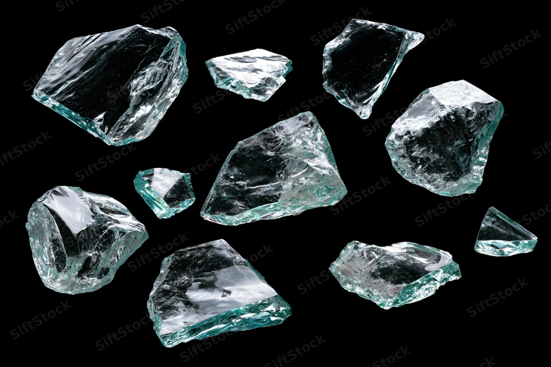 Broken glass shards scattered against a pure black background