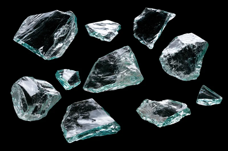 Broken glass shards scattered against a pure black background