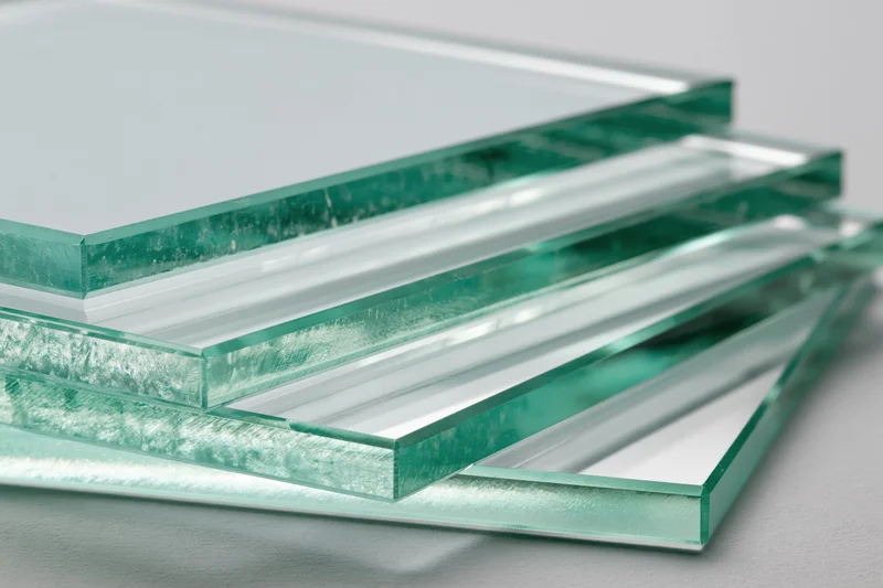 Stacked glass sheets arranged at angles with visible edges on a neutral surface
