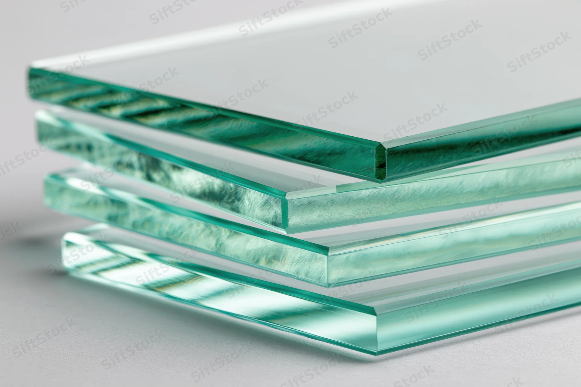 Stacked glass sheets with visible edges arranged at angles on a neutral surface