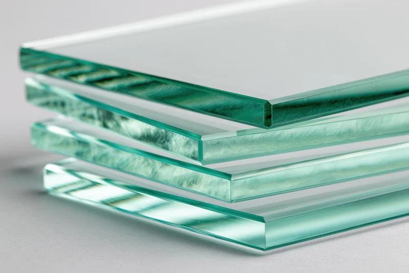 Stacked glass sheets with visible edges arranged at angles on a neutral surface