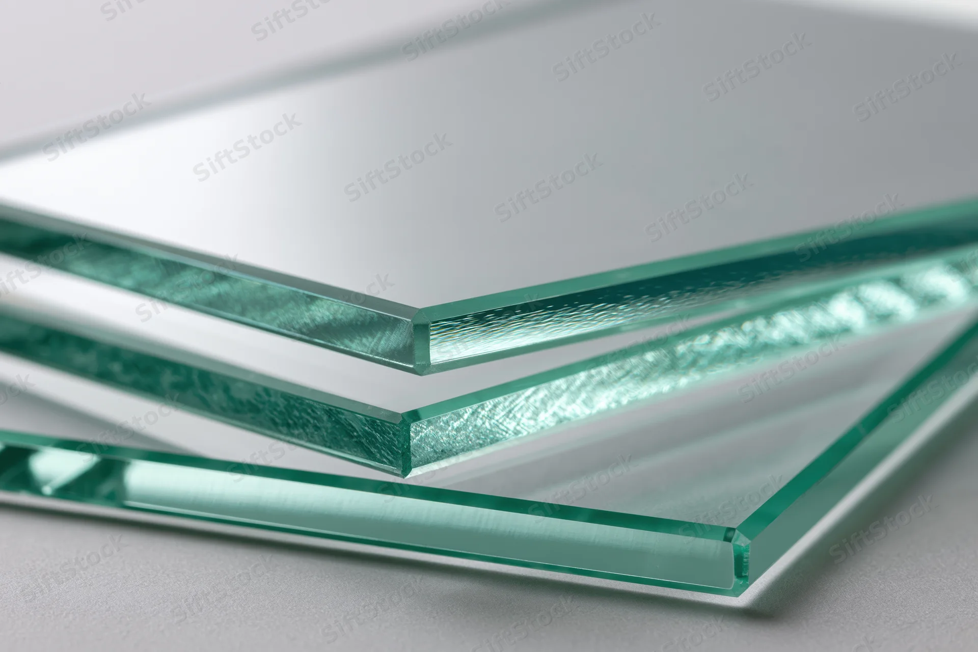 Stacked flat glass sheets arranged at angles with visible edges on a neutral surface