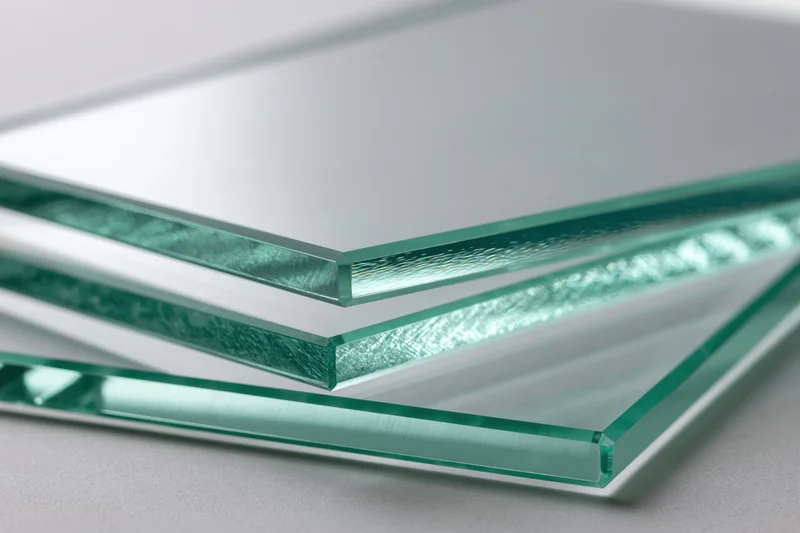 Stacked flat glass sheets arranged at angles with visible edges on a neutral surface