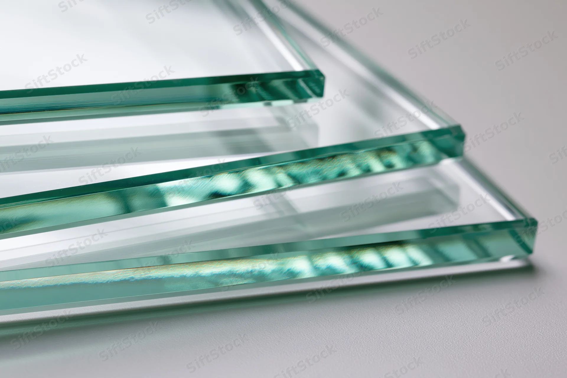 Stacked flat glass sheets arranged at angles with visible edges on a neutral surface