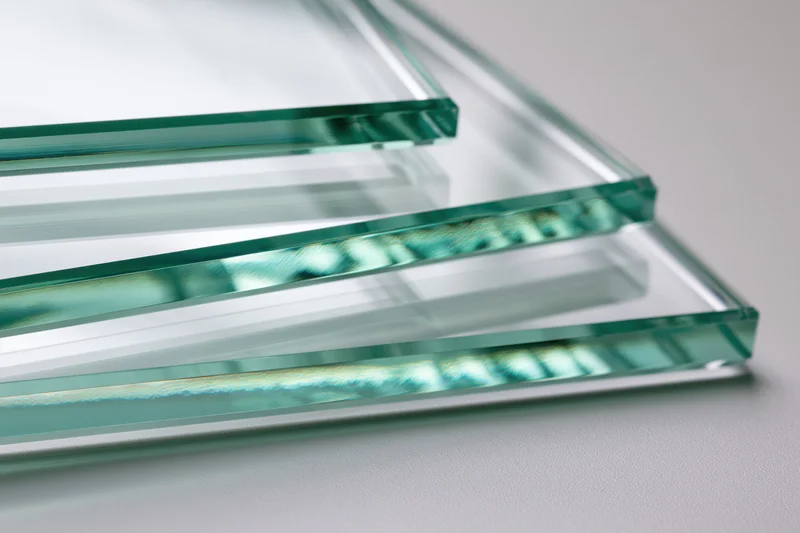 Stacked flat glass sheets arranged at angles with visible edges on a neutral surface