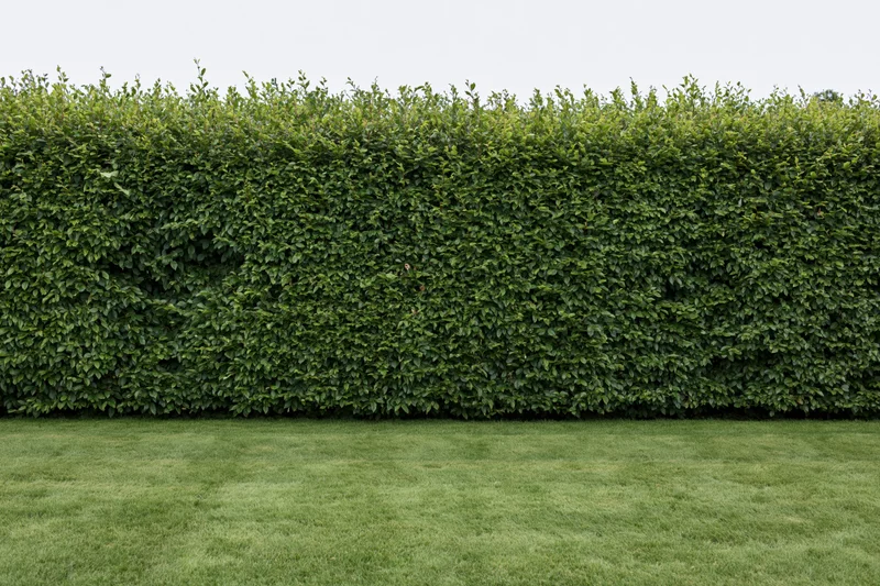 Neatly trimmed tall green hedge wall rising full-frame behind a mown lawn