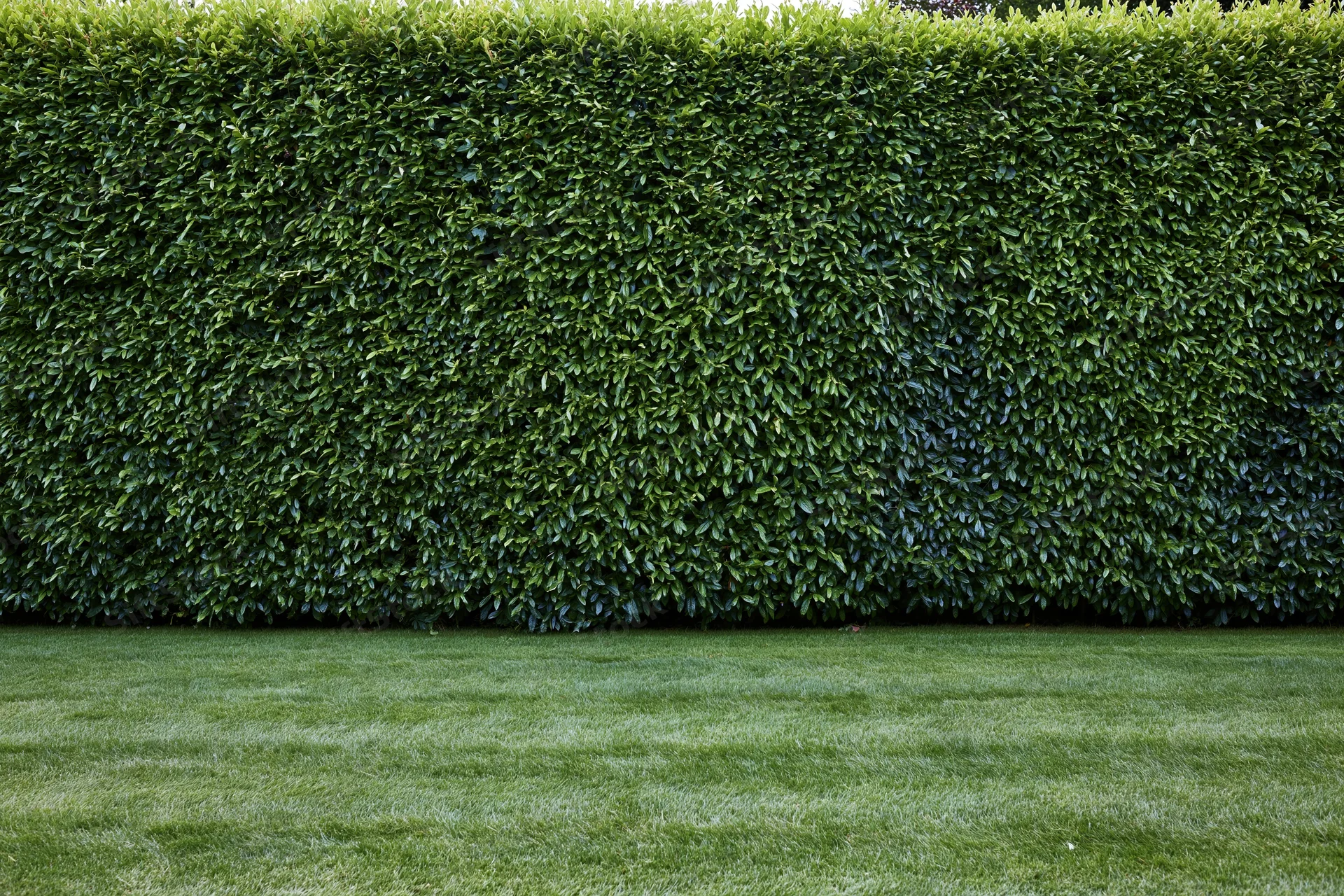 Tall neatly trimmed green hedge wall rising behind a mowed lawn