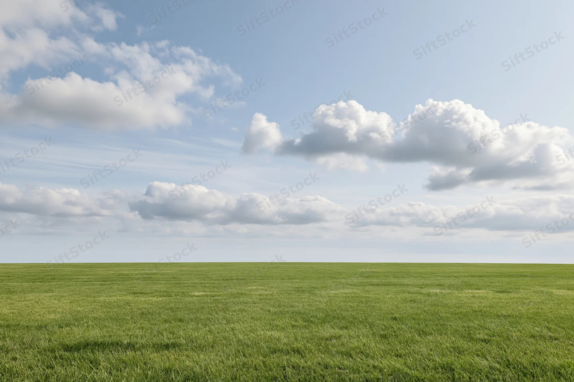 Open grassy field stretching to a clean horizon under a blue sky with scattered white clouds