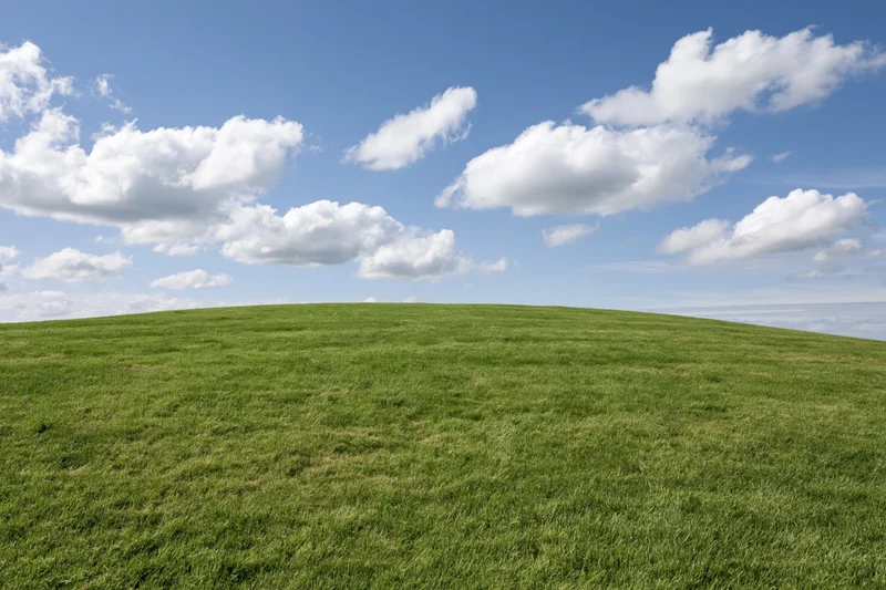 Grassy hill curving gently to the horizon under a blue sky with scattered white clouds