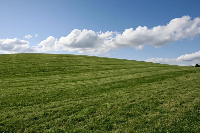 Gently sloping grassy hill with neatly trimmed lawn under a blue sky with scattered white clouds
