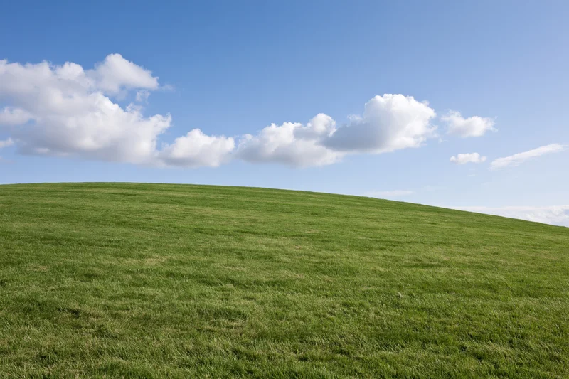 Open grassy hillside with neatly trimmed green lawn curving gently under a blue sky with scattered white clouds