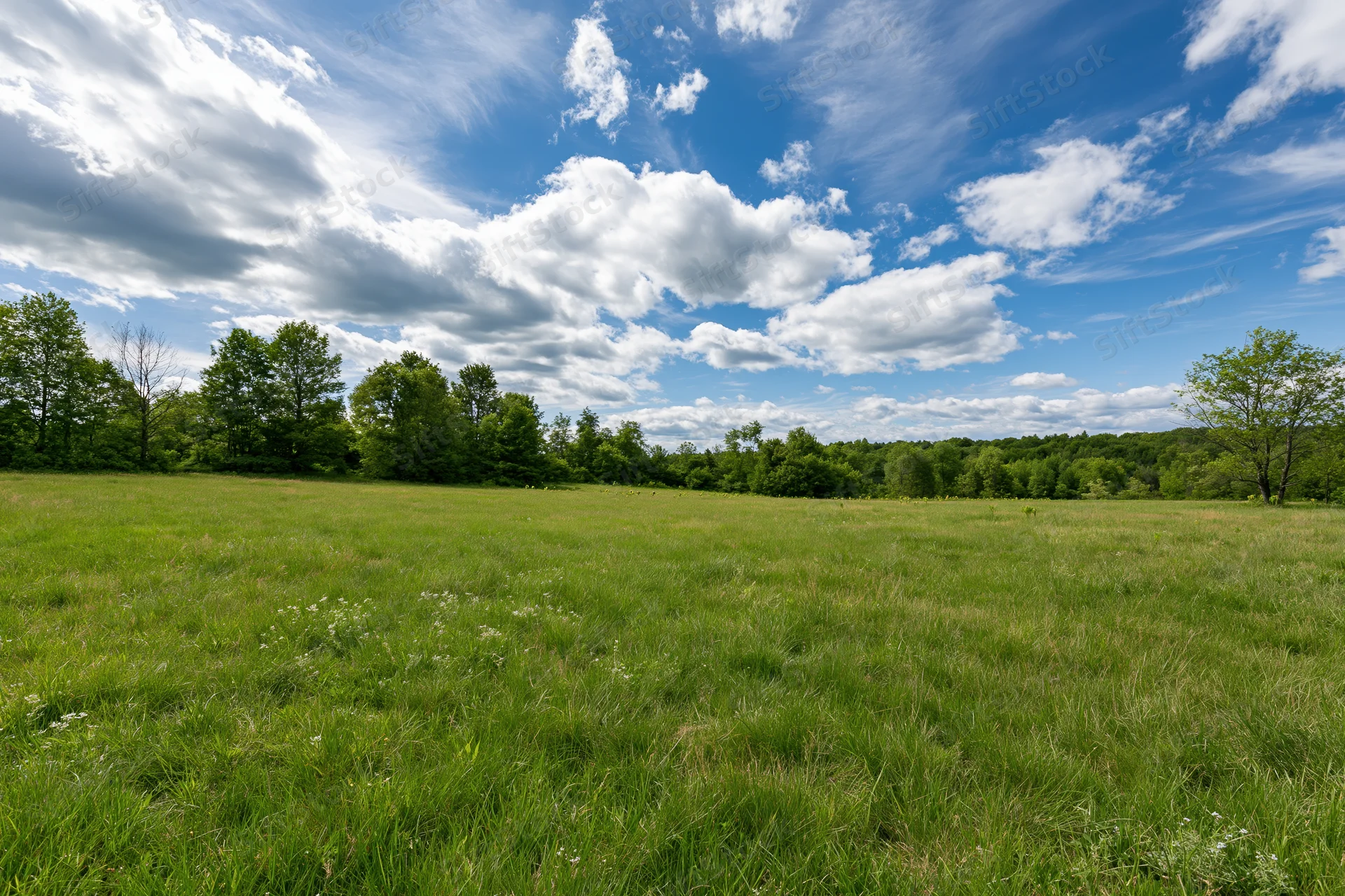 Open grassy meadow stretching to a treeline of mixed deciduous trees under a blue sky with scattered clouds