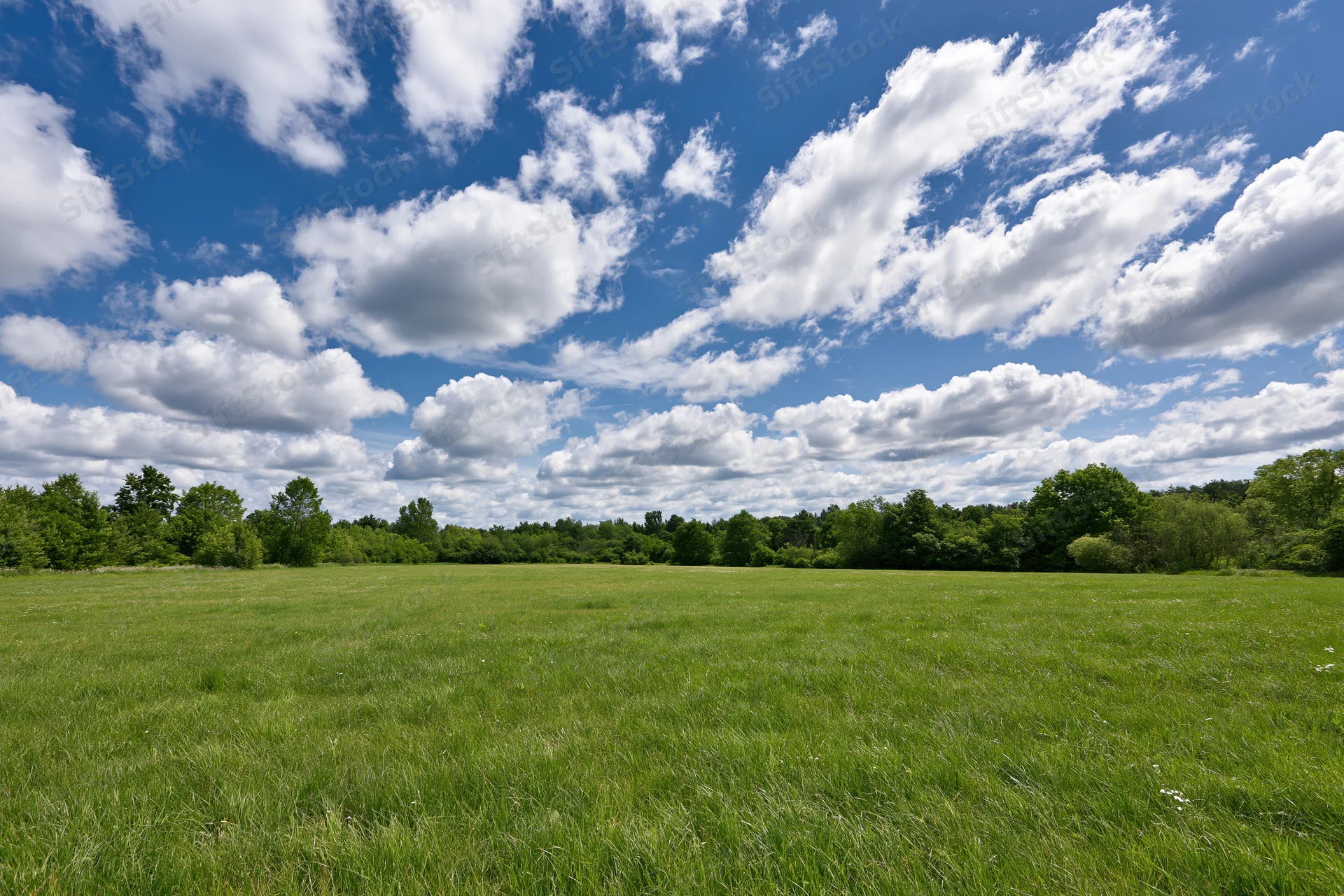 Open grassy meadow stretching to a treeline of mixed deciduous trees under a blue sky with scattered white clouds