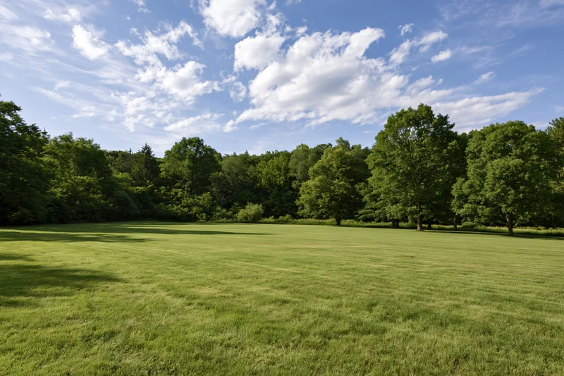 Open grassy meadow stretching toward a treeline of mature deciduous trees under a partly cloudy blue sky