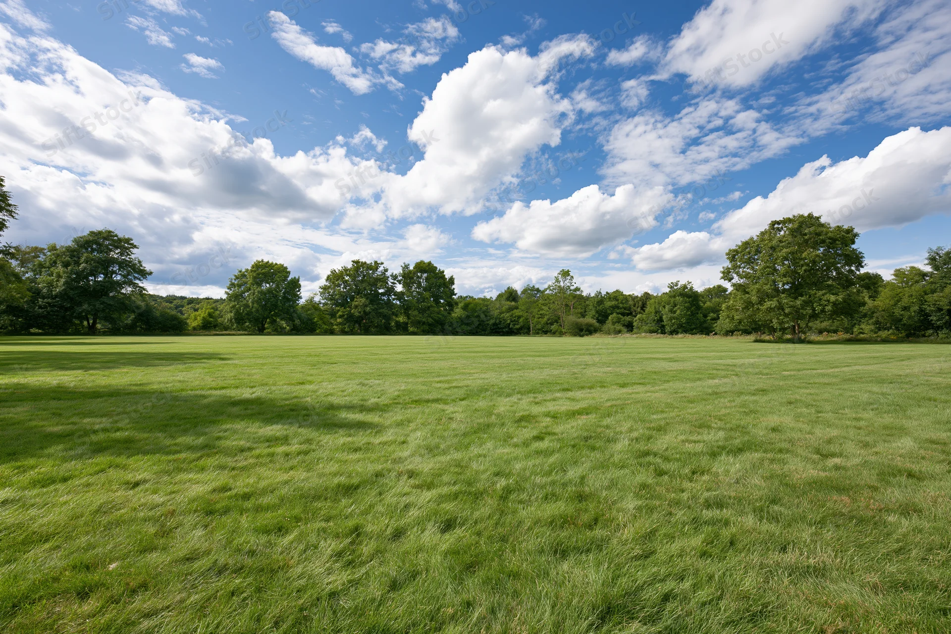Open grassy meadow stretching toward a treeline of mature deciduous trees under a blue sky with scattered clouds