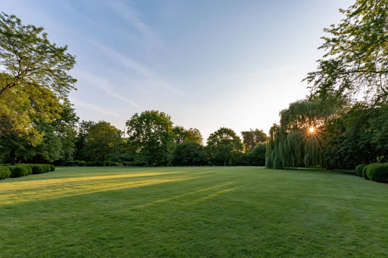 Open green lawn in a manicured city park at sunrise with trees and shrubs framing the scene