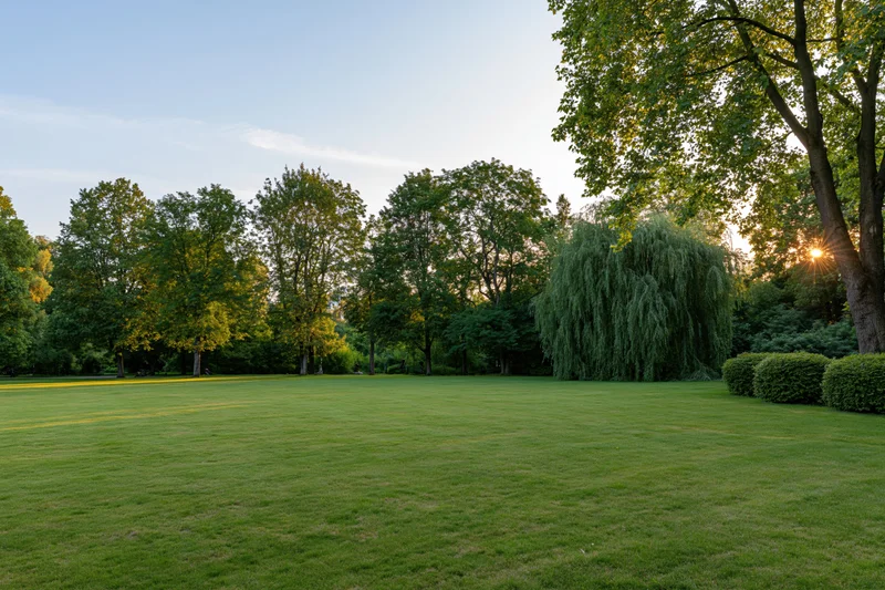 Open green lawn in a manicured city park at sunset with trees and hedges in the background