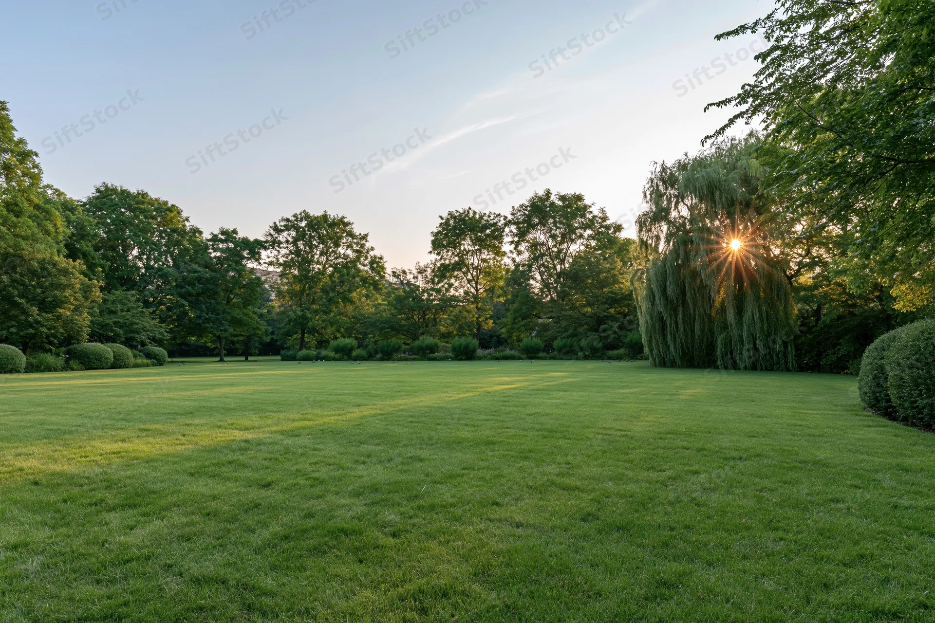 Open green lawn in a manicured city park with trees and sunlight at sunset