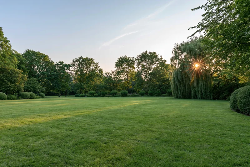 Open green lawn in a manicured city park with trees and sunlight at sunset