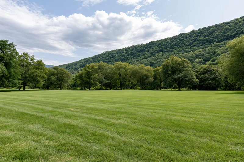 Manicured green lawn stretching toward a treeline of mixed trees at the base of a forested hill under a partly cloudy sky