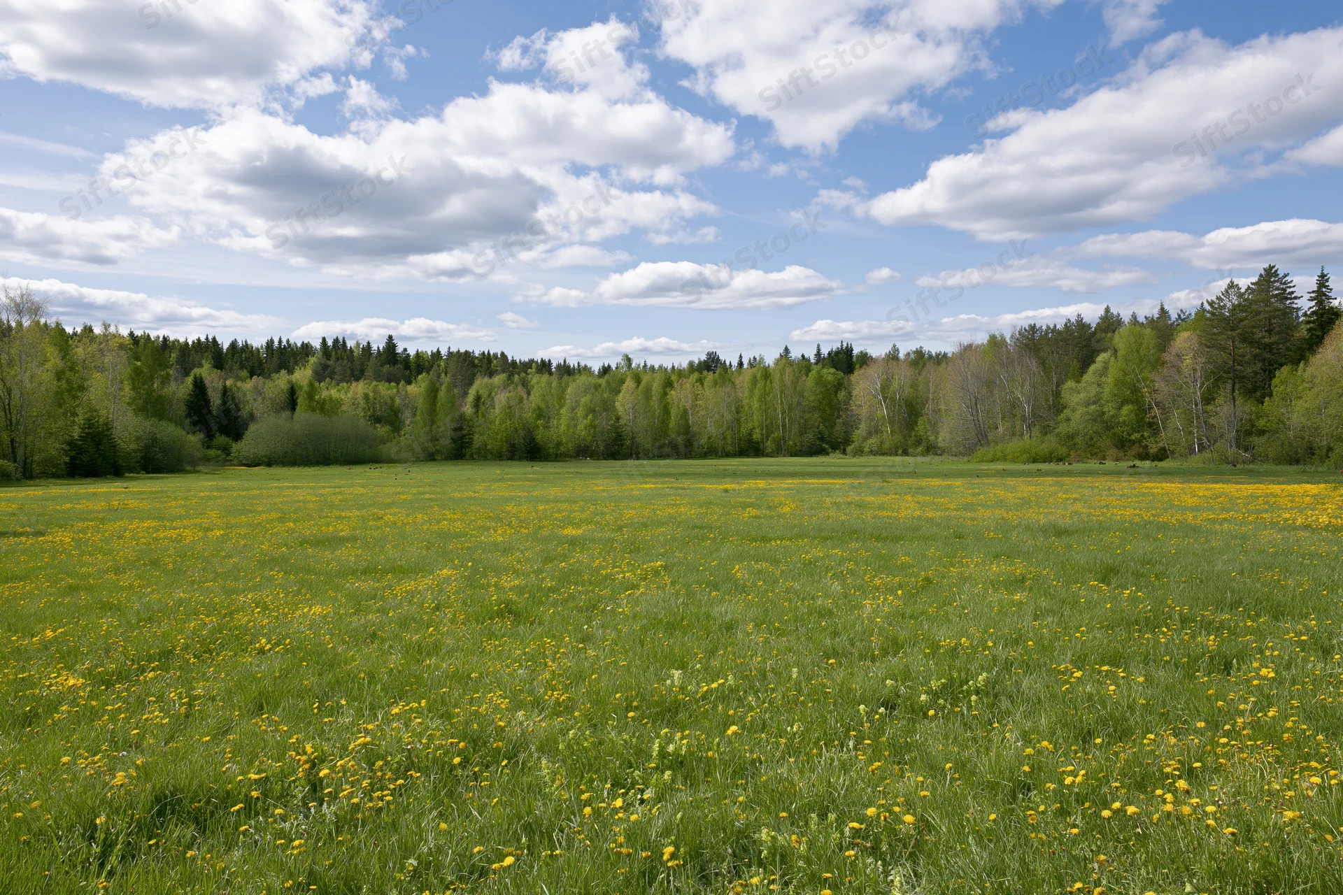 Open meadow covered in green grass and scattered yellow dandelions under a blue sky with clouds, bordered by a dense forest in the distance