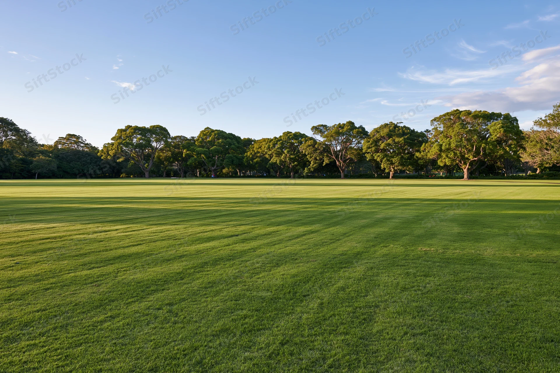 Wide manicured green lawn in an open public park with trees lining the horizon under a clear blue sky
