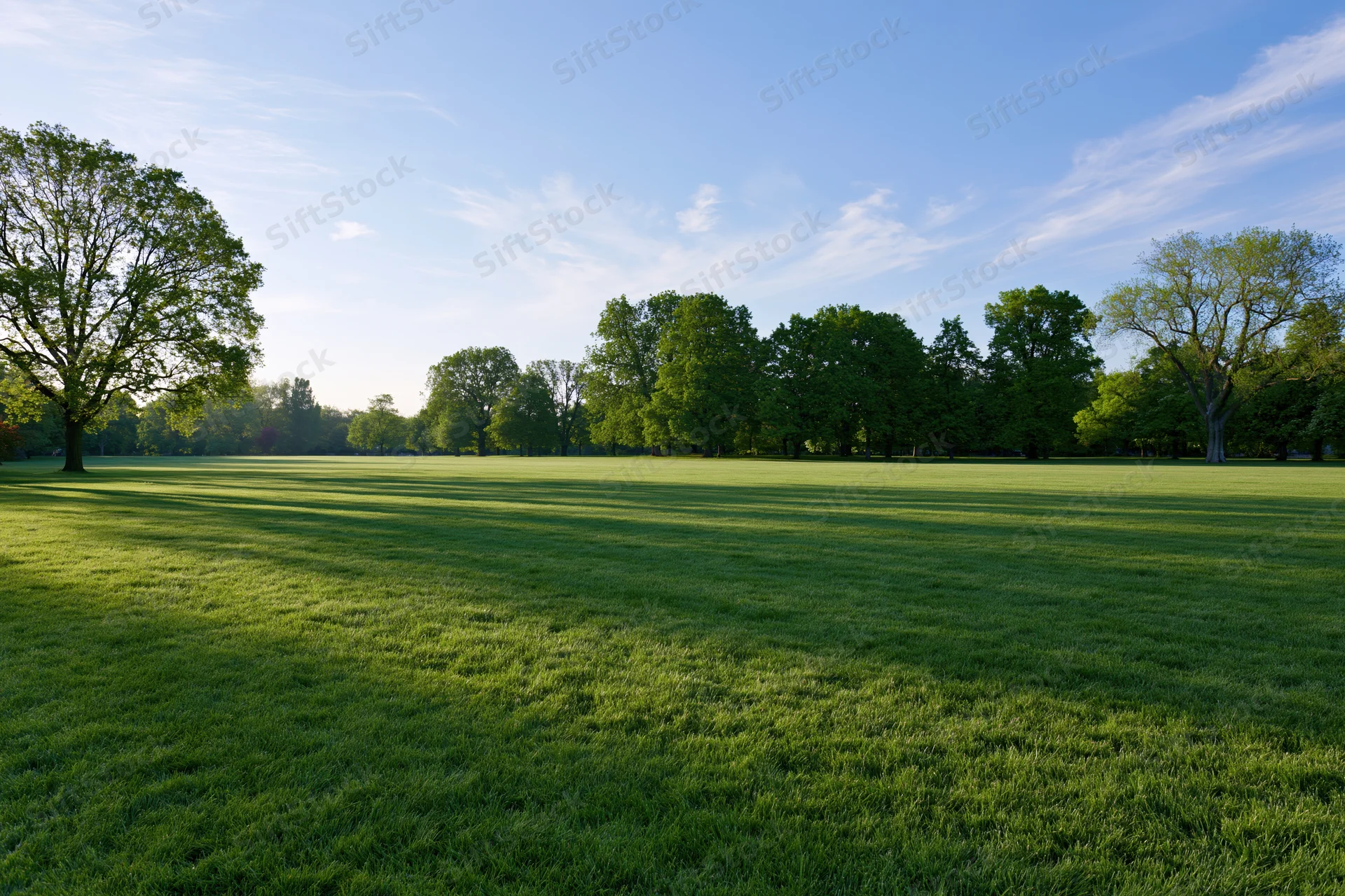 Wide manicured green lawn in an open public park with trees and blue sky