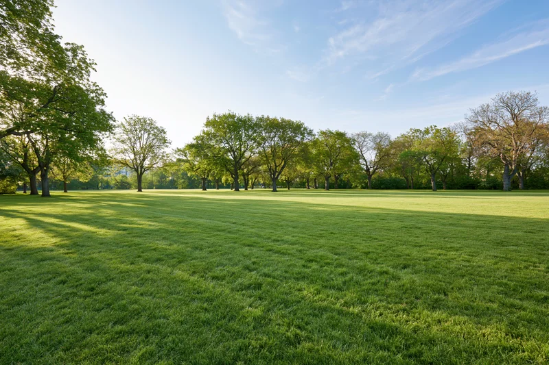 Wide manicured green lawn in an open public park with scattered trees under a blue sky