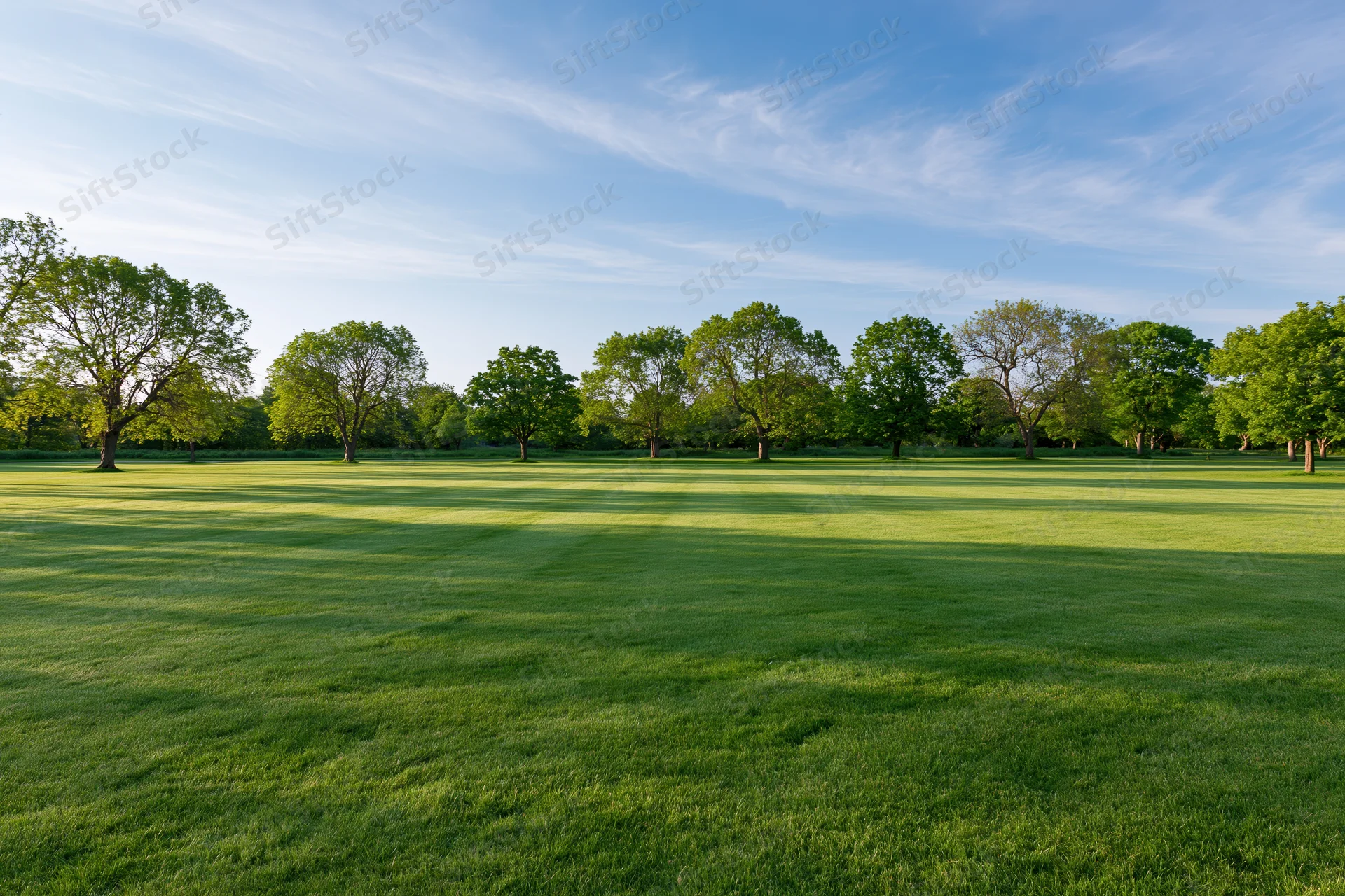 Wide manicured green lawn stretching across open park with scattered trees under blue sky