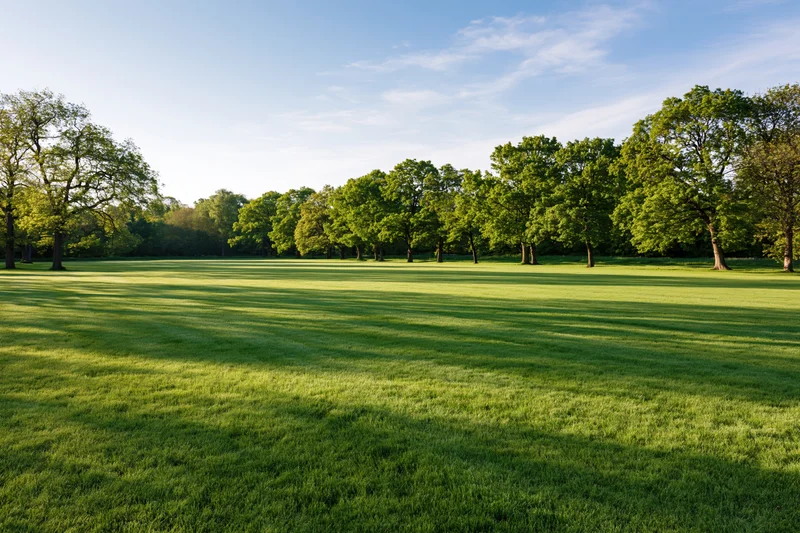 Wide manicured green lawn in an open public park with trees lining the edge under a blue sky with scattered clouds