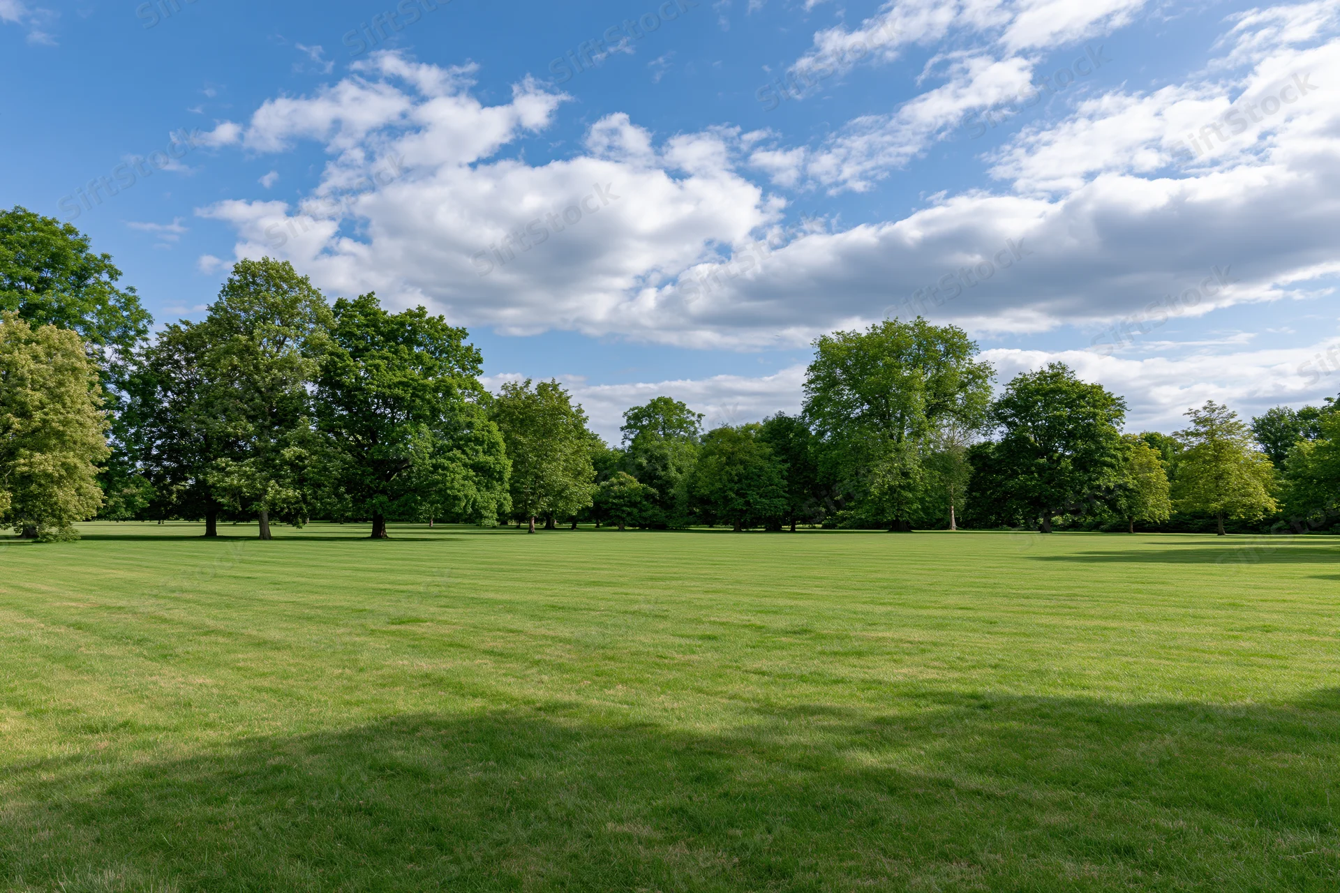 Wide mowed lawn stretching toward a line of trees in an open public park under a blue sky with scattered clouds