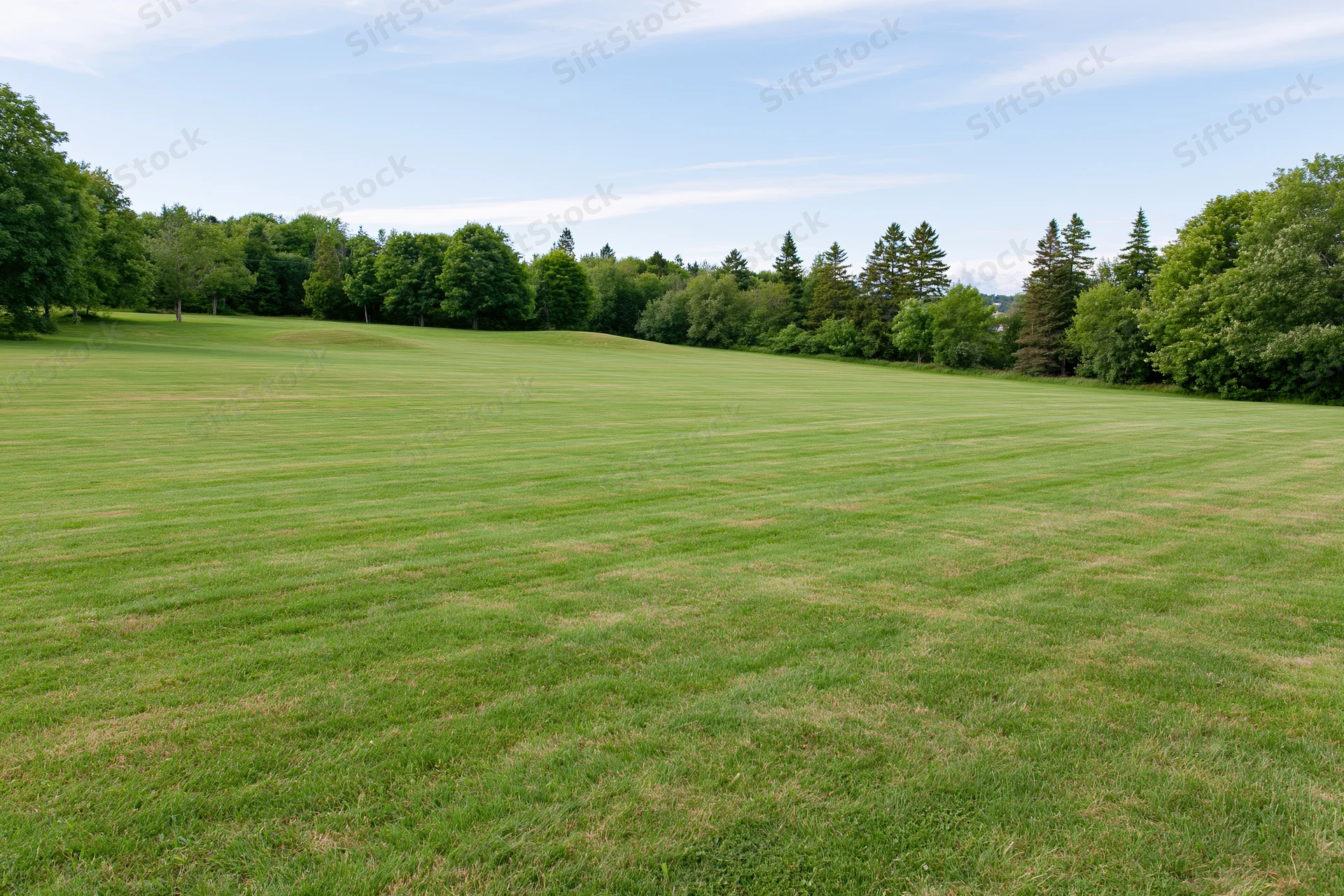 Wide mown grass field sloping gently in an open park surrounded by trees under a blue sky