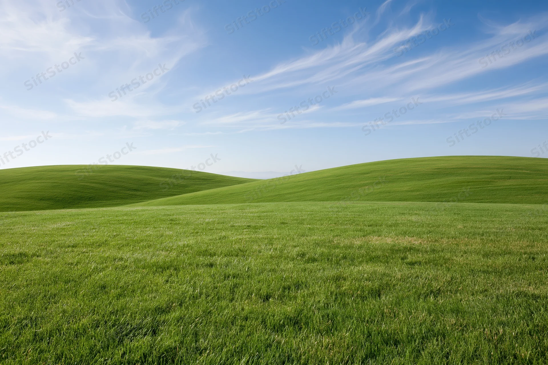 Open rolling green grass field with gently curved low hills under a blue sky with wispy clouds