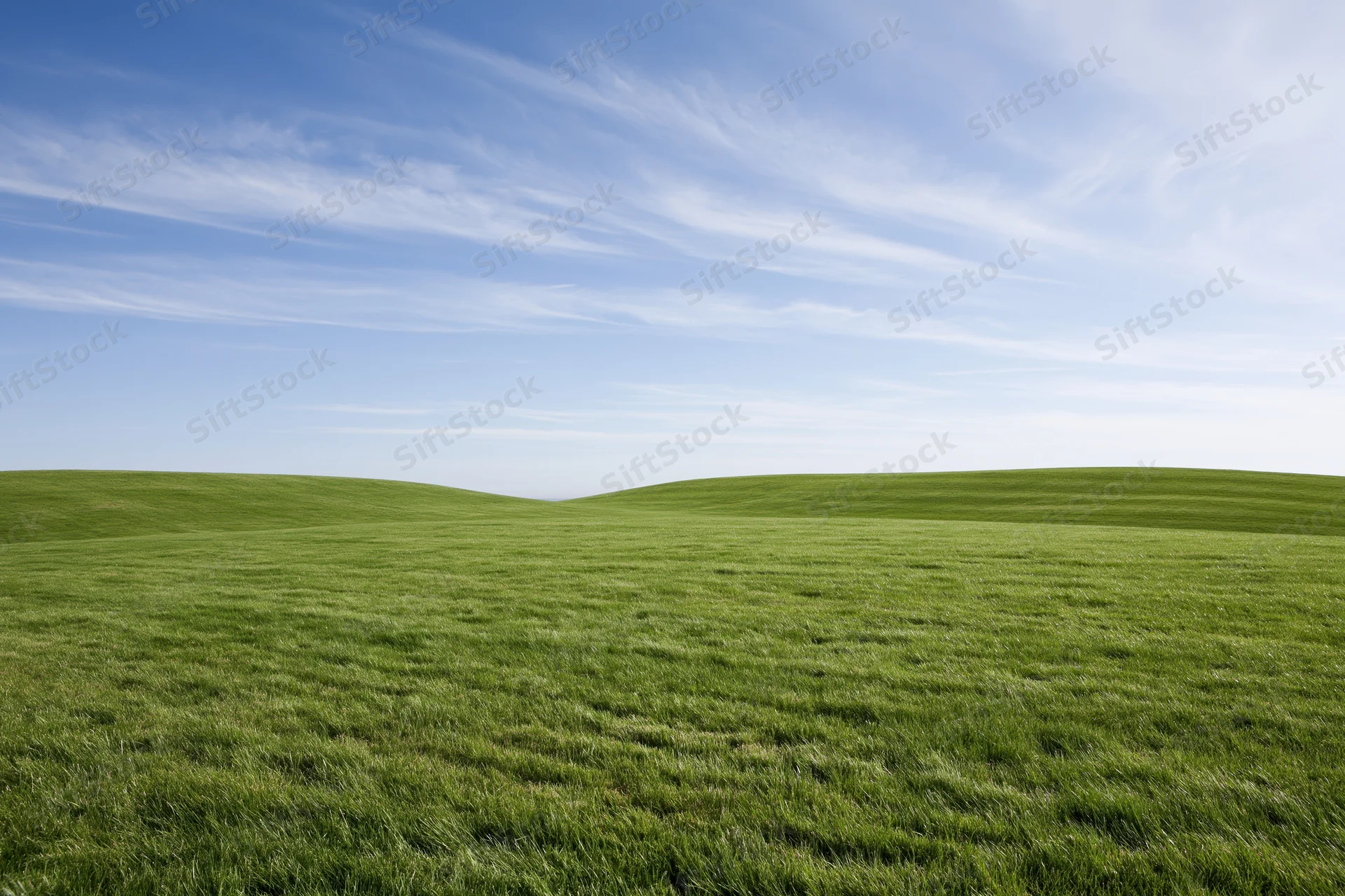 Open rolling green grass field with gently curved low hills under a blue sky with wispy clouds