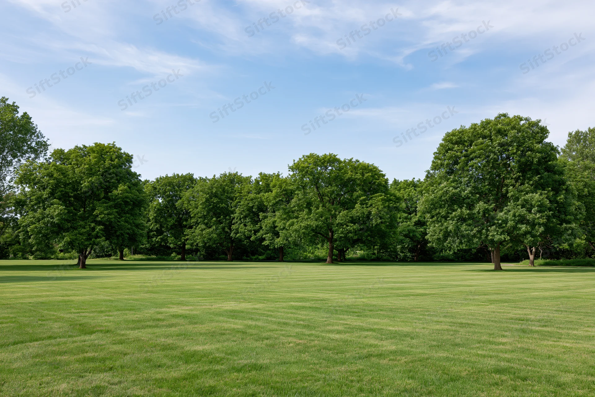 Wide flat lawn stretching toward a line of trees in an open park