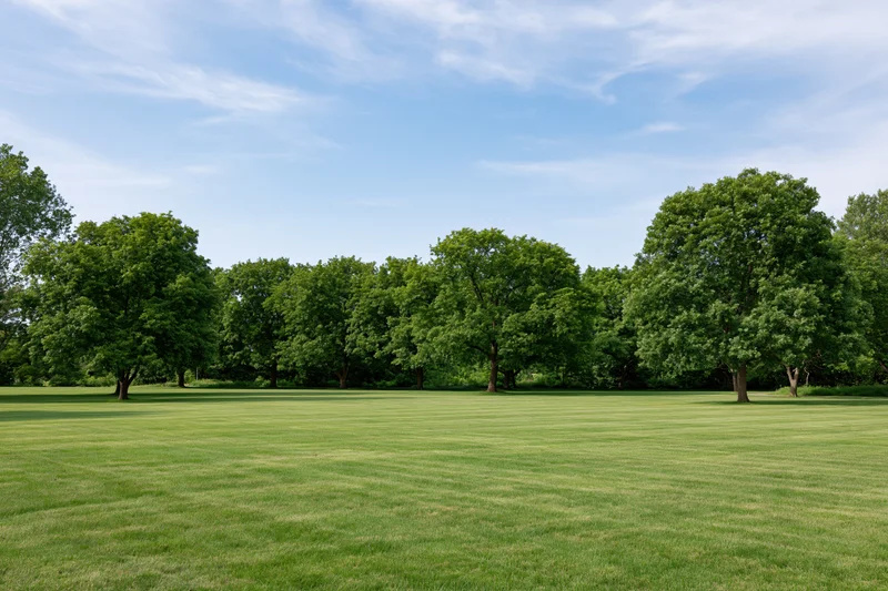 Wide flat lawn stretching toward a line of trees in an open park