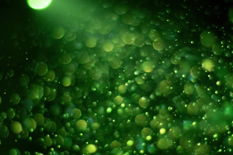 Green light particles suspended in dark air with soft bokeh effect