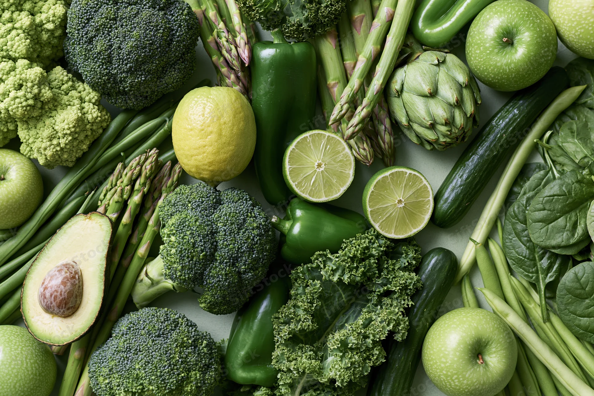 Overhead flat lay of assorted green vegetables and fruits arranged on a light surface