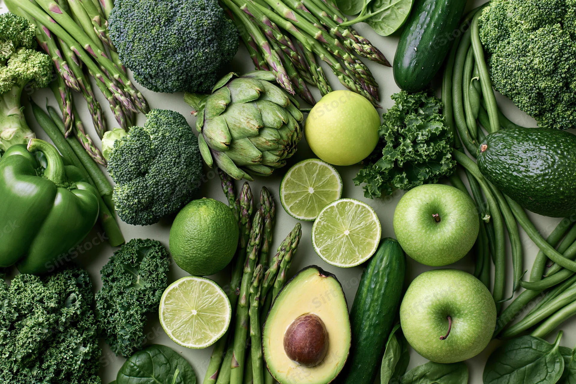 Overhead flat lay of assorted green vegetables and fruits arranged on a white surface