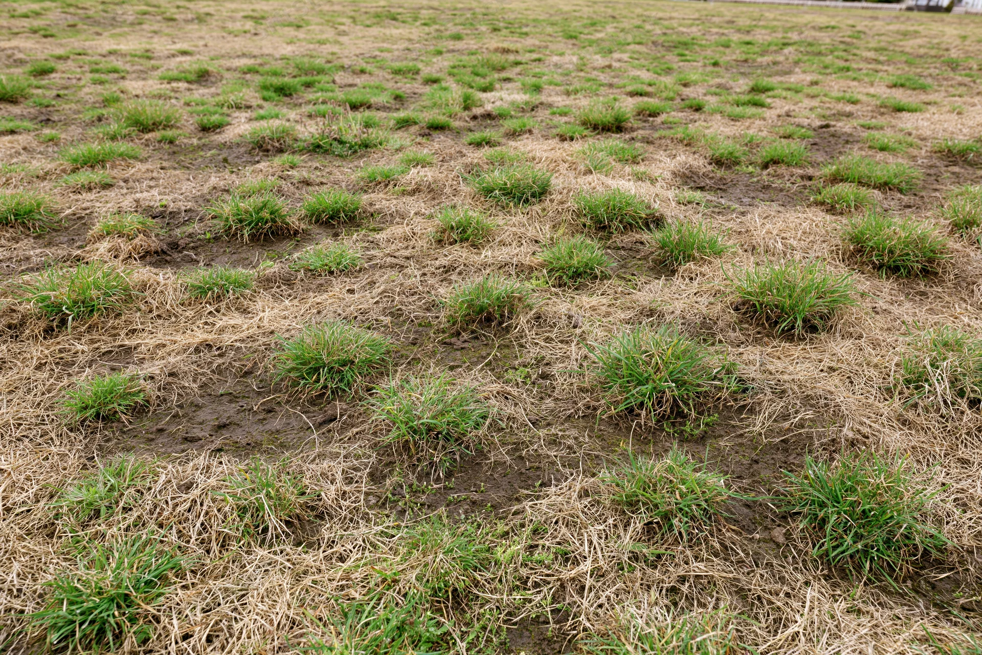 Patchy lawn with uneven green and brown grass clumps on muddy soil