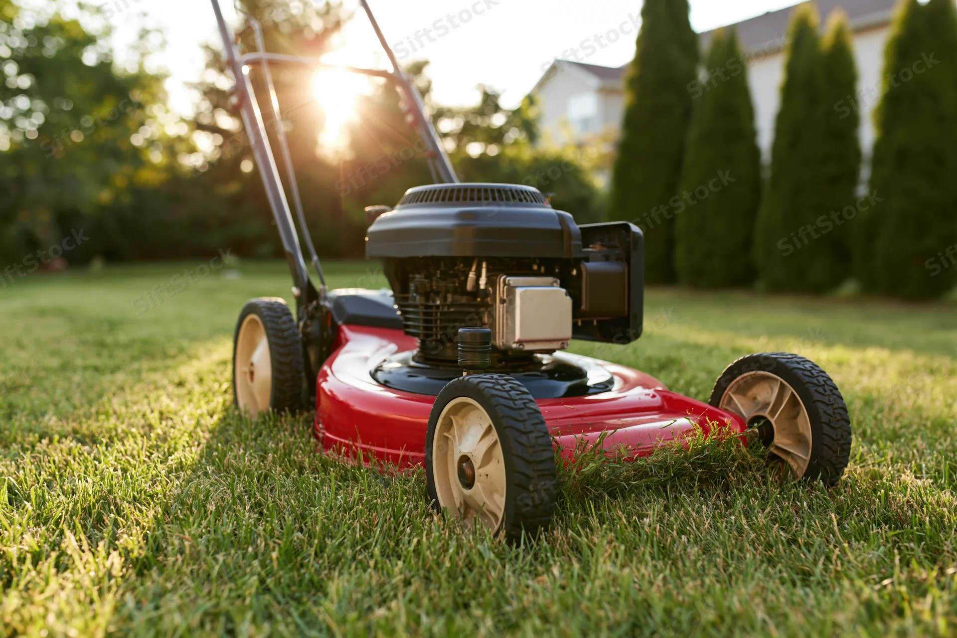 Red and black push lawn mower cutting green grass in a suburban yard at sunset