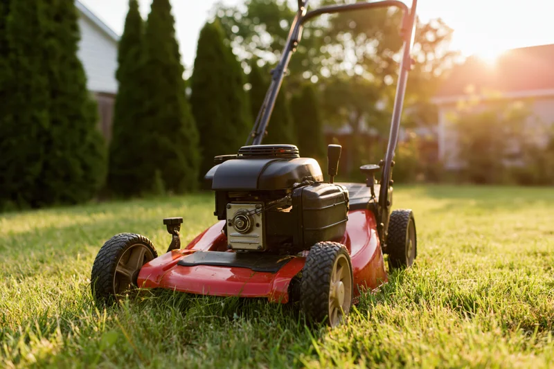 Red and black push lawn mower cutting green grass in a suburban backyard